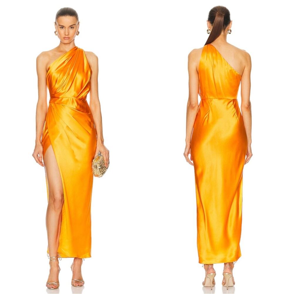 THE SEI Asymmetric One Shoulder Drape Orange Mango Silk Maxi Dress Size 0